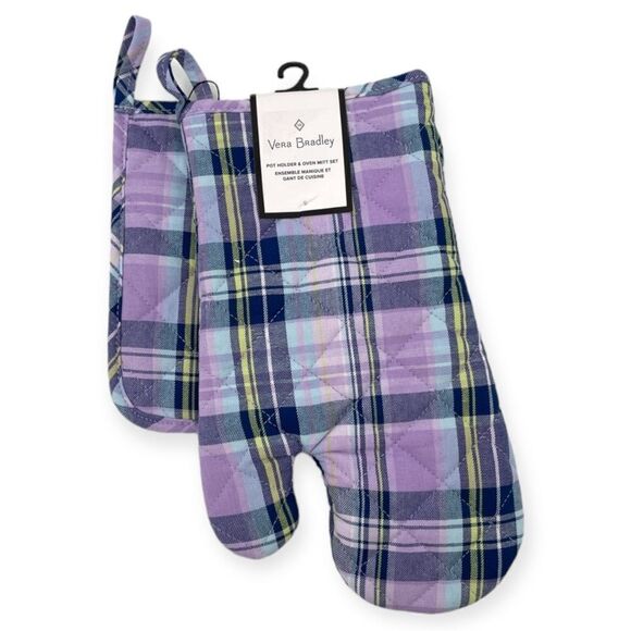 ~Vera Bradley Cotton Pot Holder & Oven Mitt Set in Amethyst Plaid NWT - Picture 2 of 8